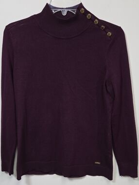 Calvin Klein Plum Mock Turtle Neck Sweater with Shoulder Buttons Small